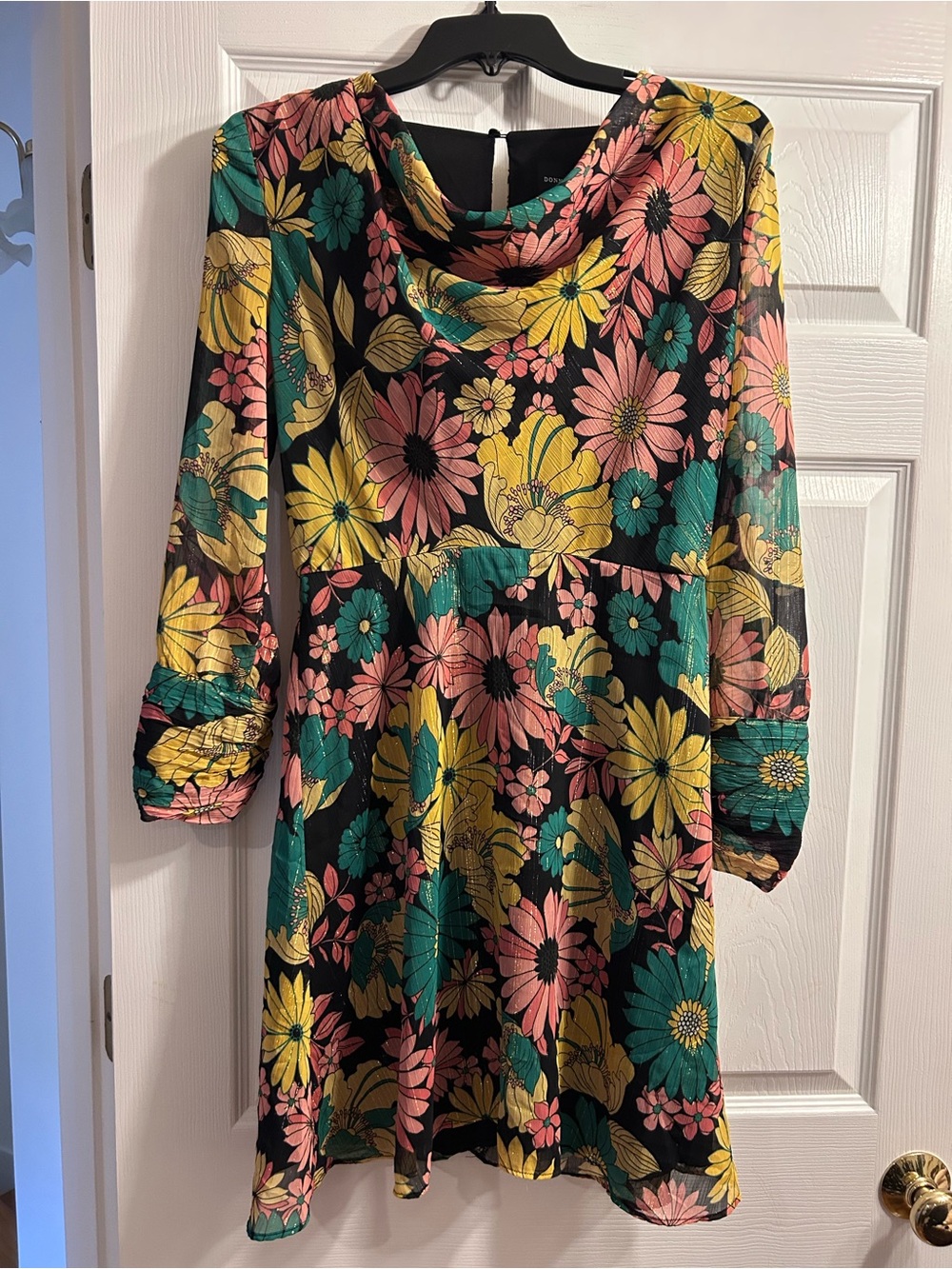 Floral Cowl Neck Mini Dress in Black with Yellow, Pink & Teal Blooms